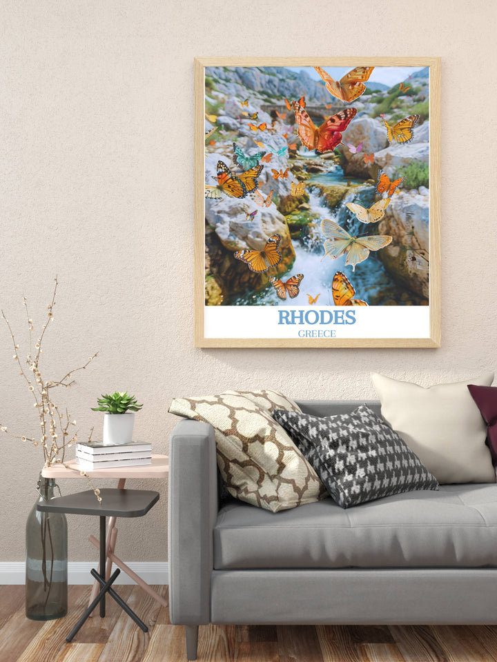 Greece Travel Print with Valley of the Butterflies Petaloudes captures the enchanting landscape of Rhodes Greece. Perfect for adding a touch of elegance to your home or as a unique gift that celebrates both travel and natural beauty.