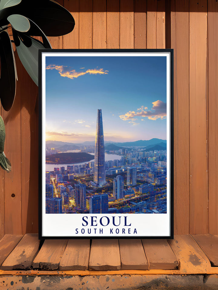 The stunning Lotte World Tower in Seoul is beautifully illustrated in this poster, offering a glimpse into the architectural brilliance and vibrant energy of South Koreas capital, ideal for enhancing your home decor.
