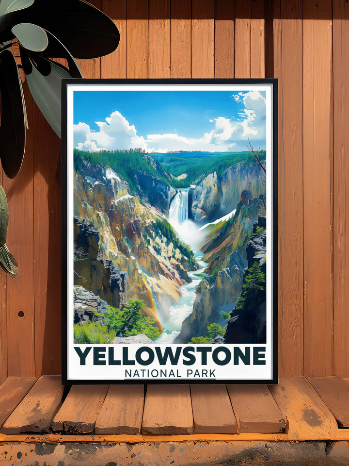 This Yellowstone print beautifully illustrates the majestic Yellowstone Falls, emphasizing its breathtaking landscape and dynamic features. Perfect for wall art enthusiasts, it invites viewers to immerse themselves in the stunning beauty of Americas first national park.