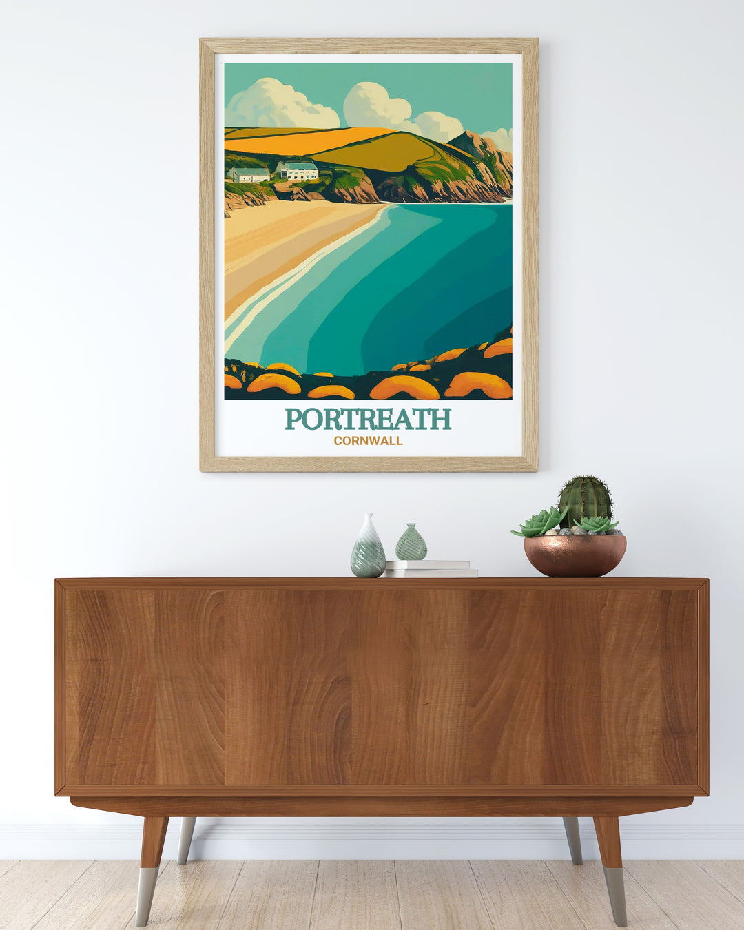 This print of Portreath Beach captures the essence of Cornwalls rugged coast, with its towering cliffs and sandy beach. The detailed artwork offers a glimpse into the serene beauty of Portreath, making it an excellent choice for enhancing your home decor. Celebrate the tranquility of the seaside with this beautiful piece.