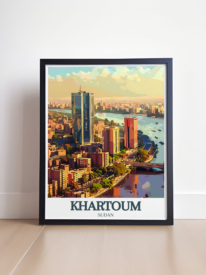 Digital download of a Khartoum city map art print showcasing the NTC tower and Nile River ideal for personalized gifts