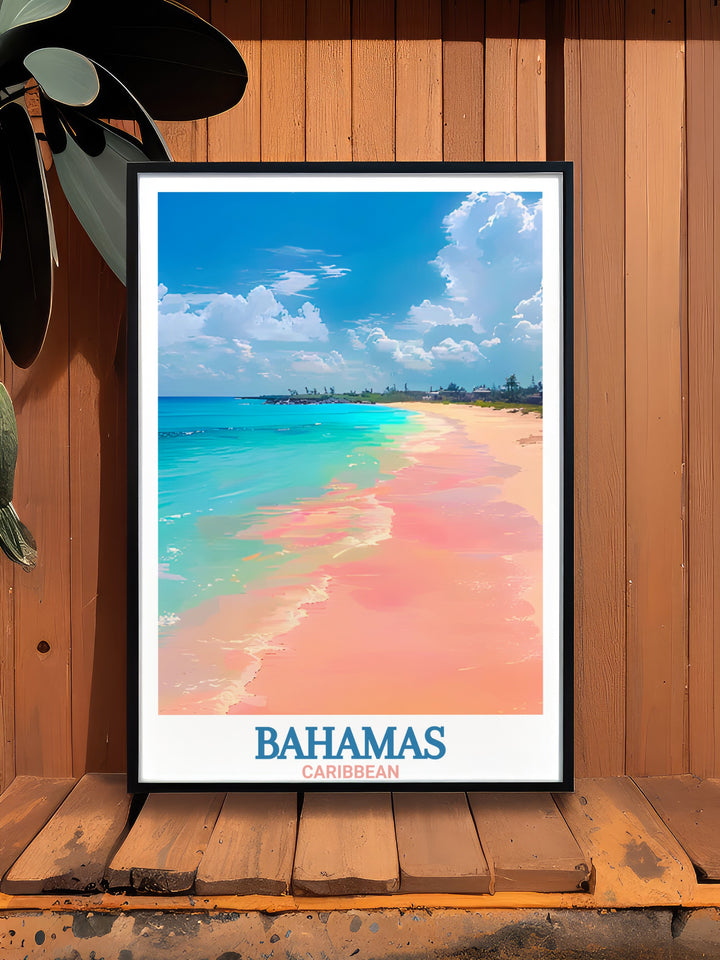 Caribbean Art Print showcases Pink Sands Beach in all its beauty, with soft sands and tranquil waters. This canvas art is a must have for anyone who loves the tropics or wants to add a splash of Caribbean charm to their home. A perfect travel gift or personal treasure.