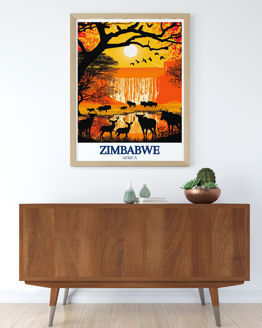 Experience the wild beauty of Zimbabwe with this art print showcasing Victoria Falls and Hwange National Park. The bold colors and intricate design bring these landmarks to life, making it an ideal gift for travelers and wildlife enthusiasts.