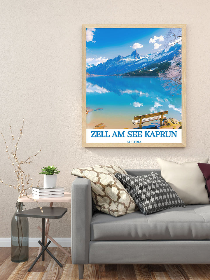 Vintage poster capturing the classic alpine charm of Zell am See Kaprun. The artwork features the regions iconic winter scenes, from the bustling ski slopes to the peaceful mountain lake, evoking the timeless appeal of Austrias winter sports heritage. The detailed illustration and vibrant colors bring the alpine landscape to life, making this piece a perfect addition to any vintage art collection.