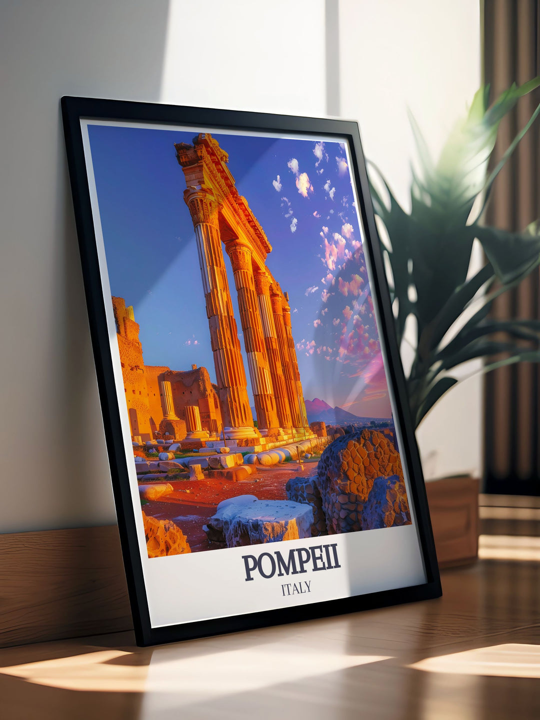 A stunning Pompeii wall decor featuring Temple of Apollo Doric Columns and Mount Vesuvius an ideal Italy travel gift for art and history lovers.