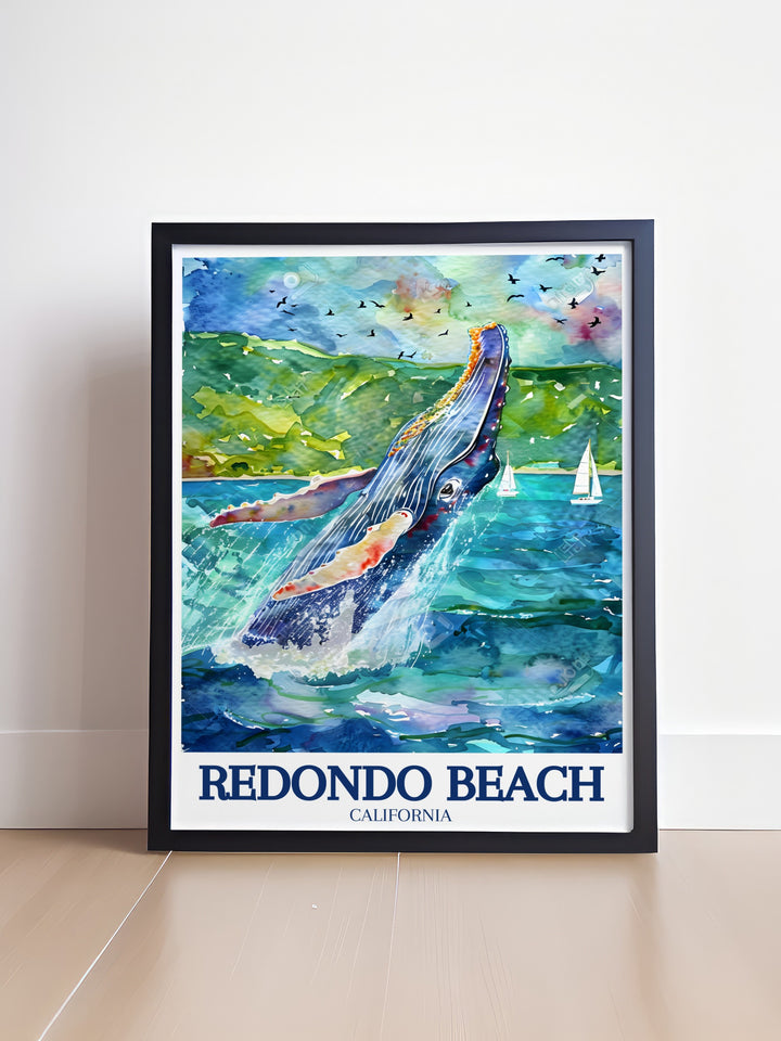 Redondo Beach vintage poster featuring the serene shores of Redondo Beach and the majestic whale watching experiences of Southern California. This custom print is ideal for beach lovers and travelers who want to bring a piece of California into their home.