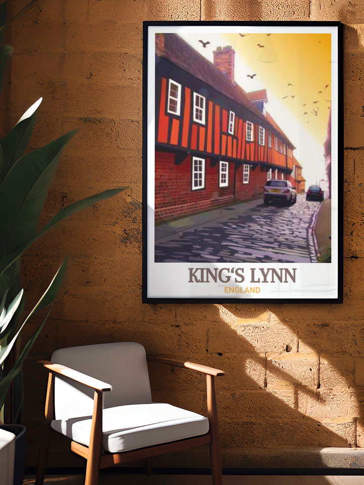 This Kings Lynn travel poster features The Hanseatic Warehouse, a symbol of Englands medieval trading past. The vibrant artwork captures the essence of this historic landmark, perfect for decorating your home with a touch of history.