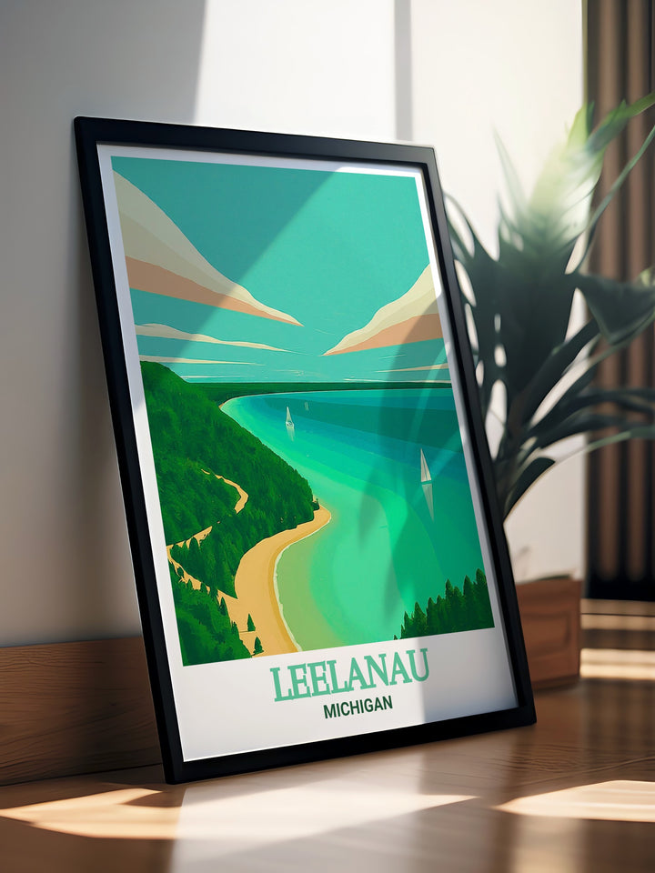 Michigan Travel Poster offering a stunning collage of Leelanaus vibrant landscapes and the tranquil beauty of Leelanau State Park, showcasing the breathtaking diversity of Michigans natural wonders. This travel poster is perfect for inspiring adventure and appreciation for Michigans outdoor beauty.