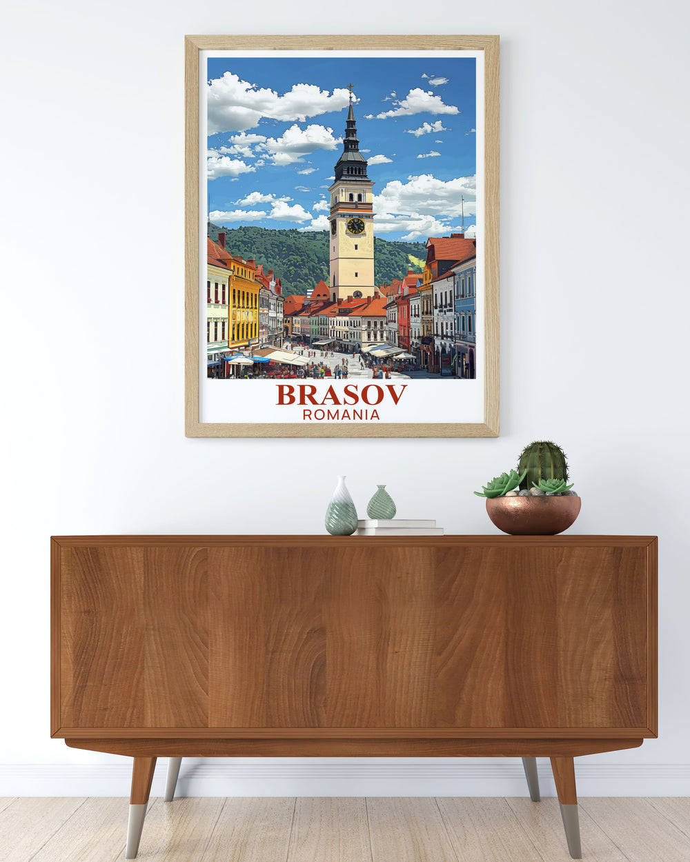 Elegant Brasov Poster featuring the charming streets of Brasov Romania with a focus on the iconic Council Square Piața Sfatului. A great addition to your home decor collection that brings history to life.