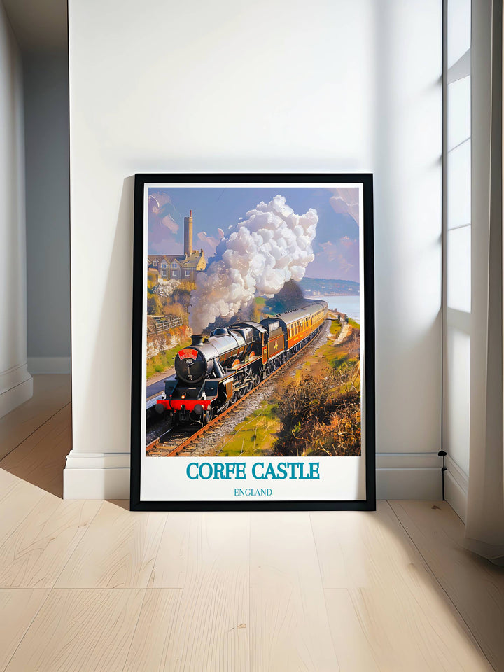 Swanage Railway artwork featuring a vintage train passing through the picturesque English countryside perfect for England wall art enthusiasts