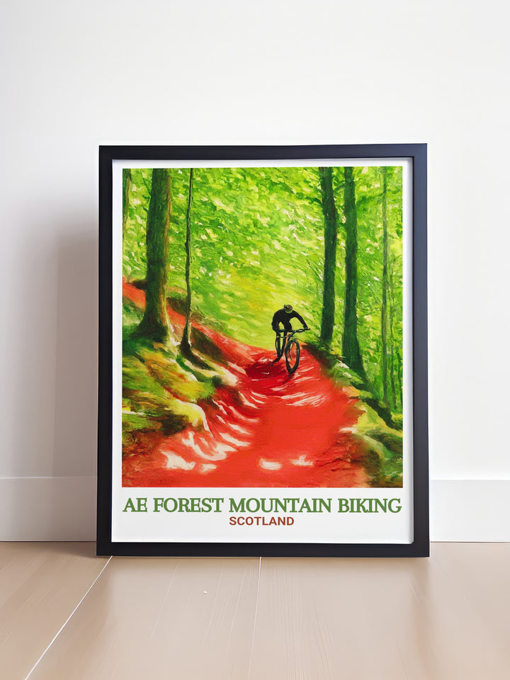 Scotland wall print highlighting the Ae Line and the 7stanes Bike Park in the beautiful Ae Forest. A dynamic addition to your space, this artwork celebrates the adventure and serenity of Scotlands MTB culture.