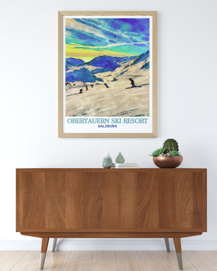 A stunning depiction of Obertauern Ski Resorts slopes, framed by the towering peaks of the Austrian Alps. This travel print is perfect for anyone who loves the thrill of skiing in the Alps or simply admires Austrias natural beauty.