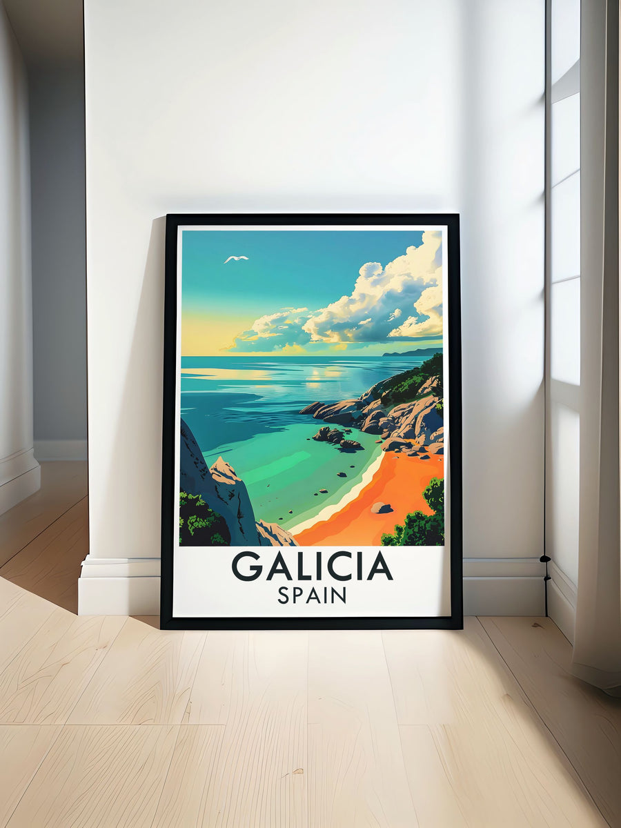 The tranquil environment and scenic beauty of the Cíes Islands beaches are captured, perfect for those seeking relaxation.