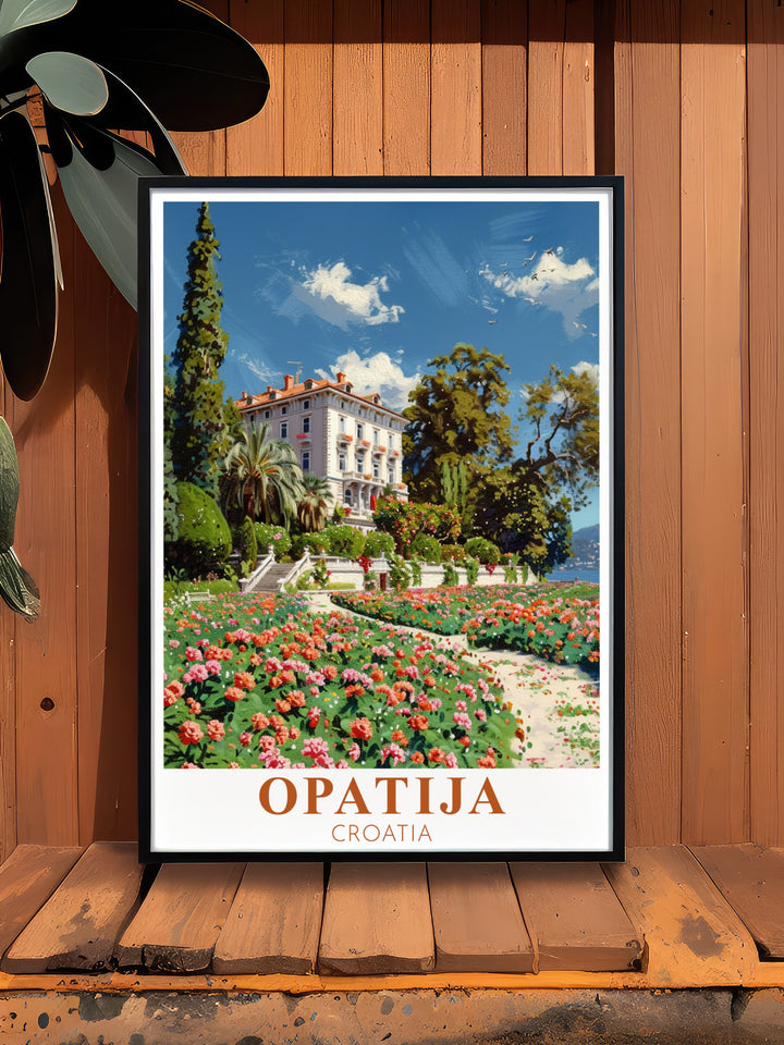 Elevate your home with Villa Angiolina wall art a beautiful representation of Opatijas iconic landmark perfect for anyone who loves Croatia travel art and wants to add a touch of elegance and history to their living room bedroom or office