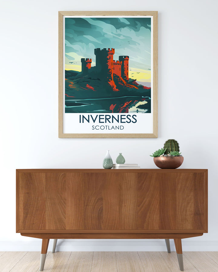 Vintage poster of the Great Glen Way, focusing on the trails scenic beauty, with panoramic views of pristine lochs, ancient forests, and the dramatic peaks of the Scottish Highlands, perfect for adventure seekers.