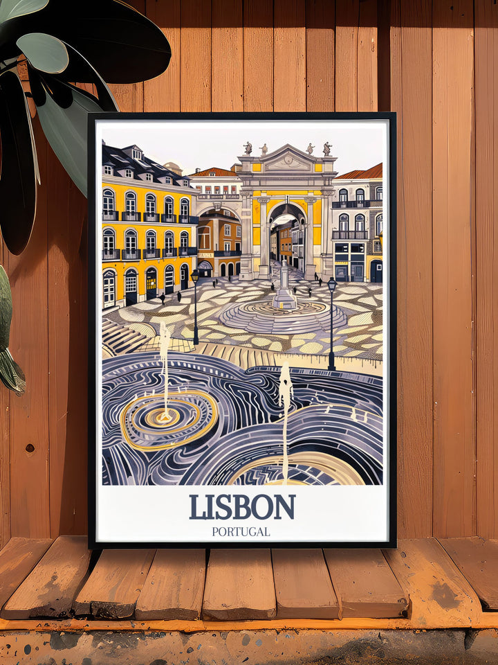 Lisbon Art featuring Praca do Comercio and Rossio Square is the perfect decor piece for lovers of Portugals vibrant history. Add this beautiful Portugal Wall Poster to your living room or office for a touch of Lisbons iconic charm.