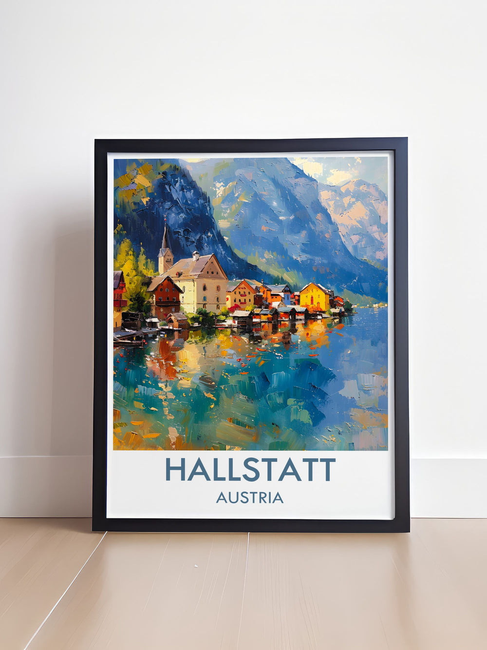 Featuring the serene landscapes of Hallstatt, this travel poster captures the tranquil beauty and picturesque views, perfect for creating a relaxing ambiance in any room.