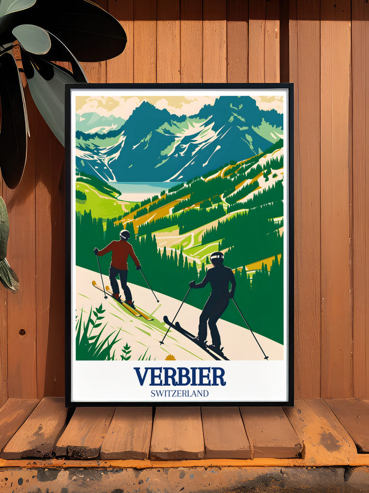 Verbier ski resort travel print highlighting the action and excitement of skiing in the Swiss Alps. This artwork is perfect for capturing the heart pounding thrill of Verbiers famous slopes, making it a great gift for skiers or a unique addition to your travel themed wall décor.