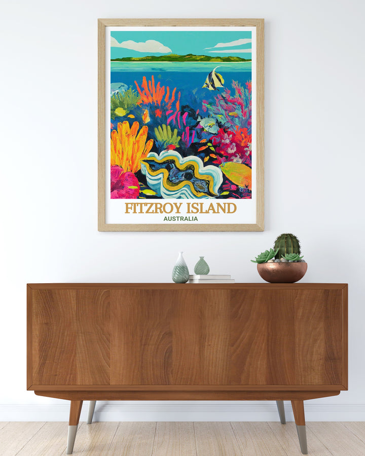 Giant Clam Gardens travel print features the unique and colorful clams found in the waters off Fitzroy Island, Australia. This canvas art beautifully captures the underwater marvels of the Great Barrier Reef, making it an ideal piece for ocean lovers and nature enthusiasts.