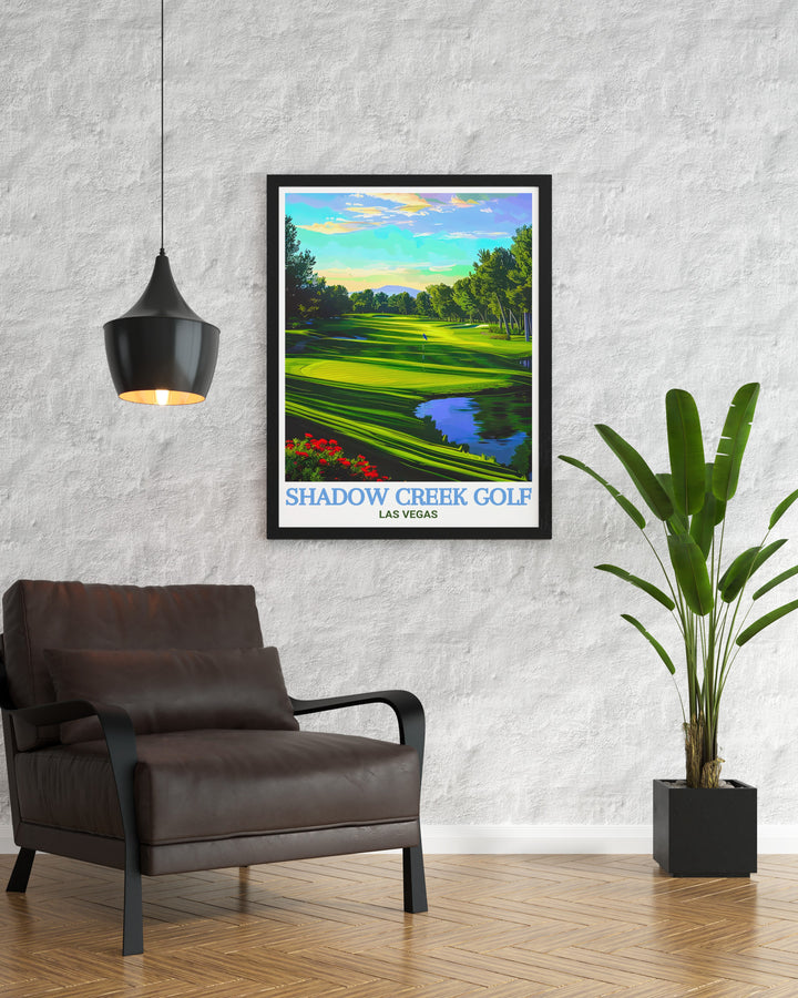 Travel Print of Shadow Creek Golf Course, offering a beautiful depiction of the courses lush landscape and challenging design. The high quality print captures the vibrant colors and intricate details of Shadow Creek, making it an excellent addition to any collection of golf art. Perfect for golf enthusiasts, collectors, and anyone who wants to bring a piece of the Las Vegas golf experience into their home.