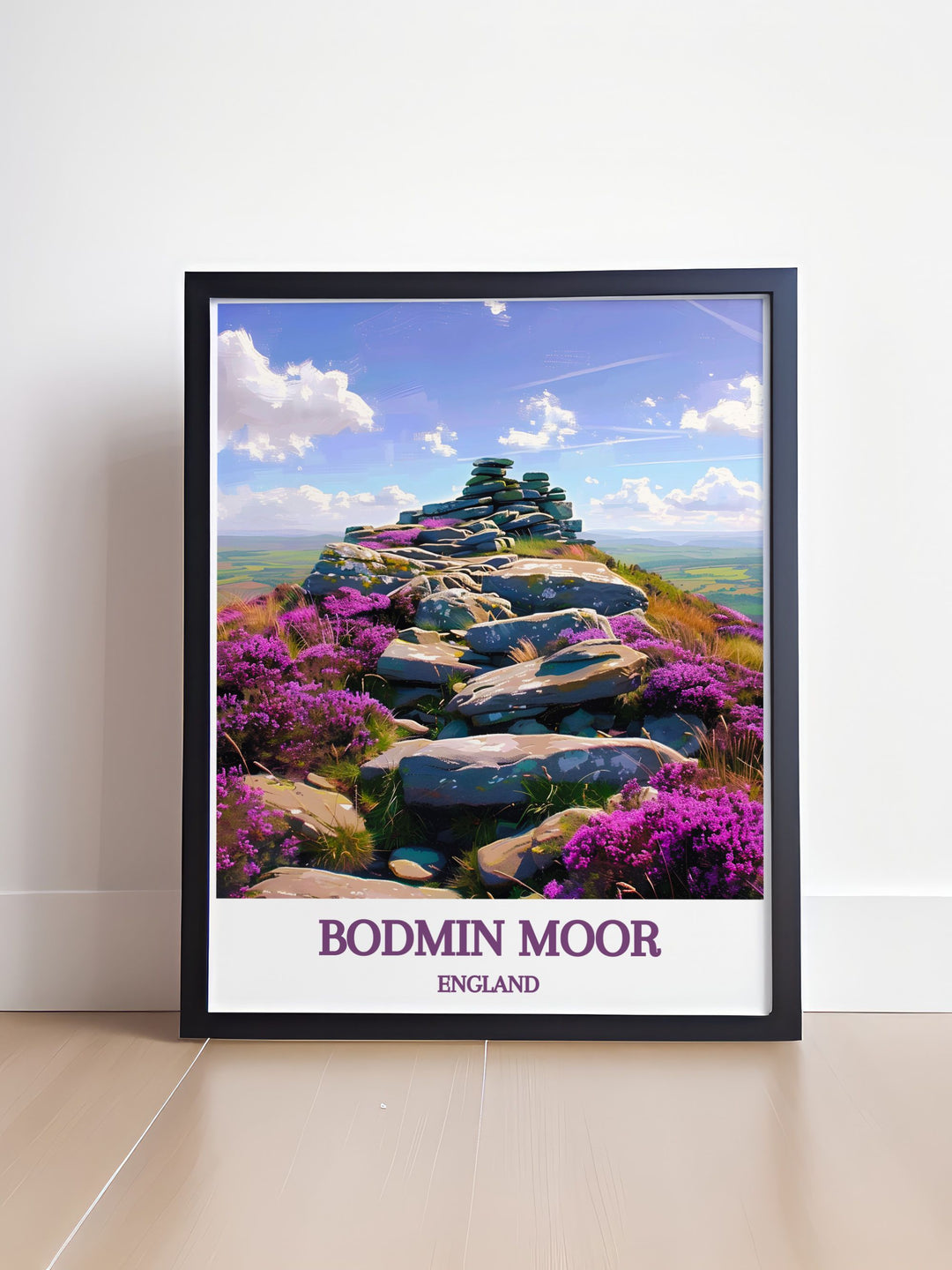 Framed art print showcasing the majestic Roughtor summit on Bodmin Moor, with its craggy peaks and panoramic views, designed to bring the stunning landscapes of Cornwalls English countryside into your living space.