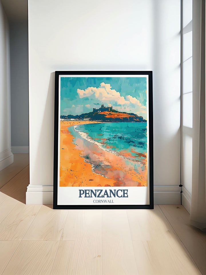 Vintage Travel Print featuring the scenic Porthleven Harbour and the majestic Mount Bay St Michaels Mount ideal for adding a touch of Cornish elegance to your home decor and bringing the beauty of Cornish villages into your living space