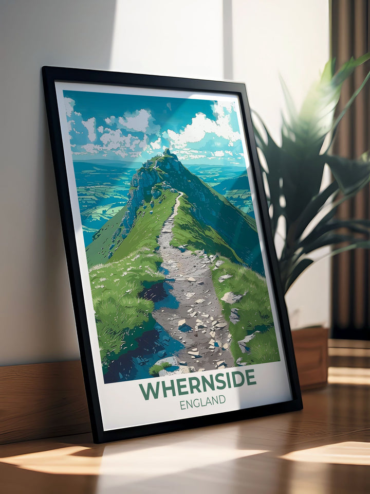 Discover the charm of Yorkshire with this travel poster featuring the summit of Whernside. The poster showcases the regions scenic trails and panoramic views, perfect for travel lovers and art collectors.