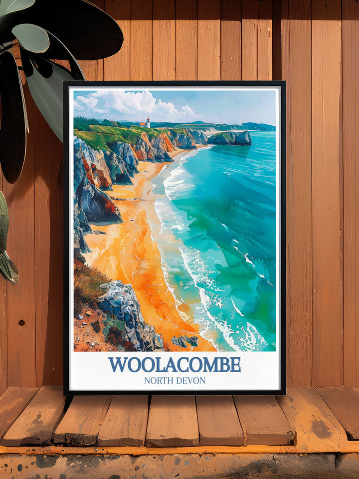 Woolacombe Beach Bullpoint Lighthouse poster showcasing the picturesque scenery of Devon ideal wall art for adding elegance to your home decor perfect gift for friends and family who cherish the tranquil charm of Woolacombe