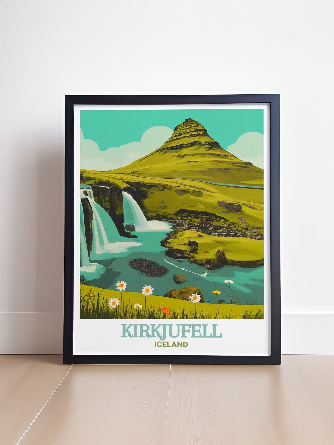 Iceland Travel Poster offering a detailed view of Icelands most famous natural landmarks, Kirkjufell and Kirkjufellsfoss, capturing the awe inspiring beauty of this unique region. The poster is perfect for those who dream of exploring Icelands breathtaking scenery and want to bring a piece of that adventure into their home.