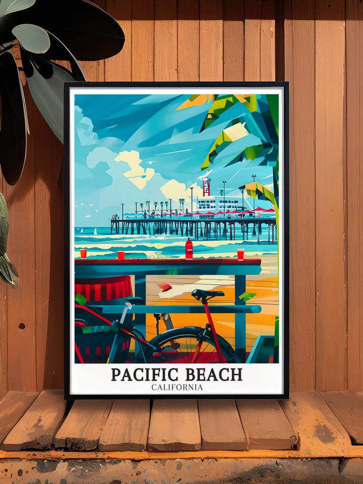 The perfect wall art for any beach lover, this Pacific Beach print showcases the scenic Crystal Pier and bustling Boardwalk. A wonderful addition to your home decor, it brings the warm California coast right into your living room.