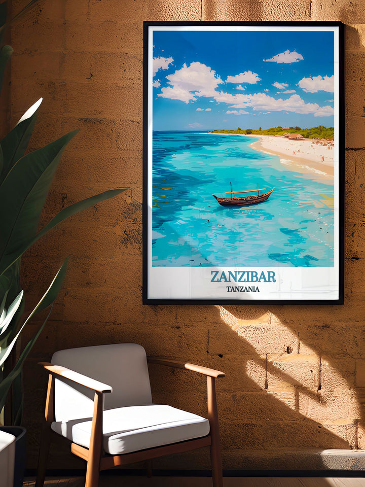 High quality Nungwi Beach modern art featuring contemporary designs of Zanzibars stunning coastline perfect for those who appreciate stylish and nature inspired decor with prints that stand out in any room.