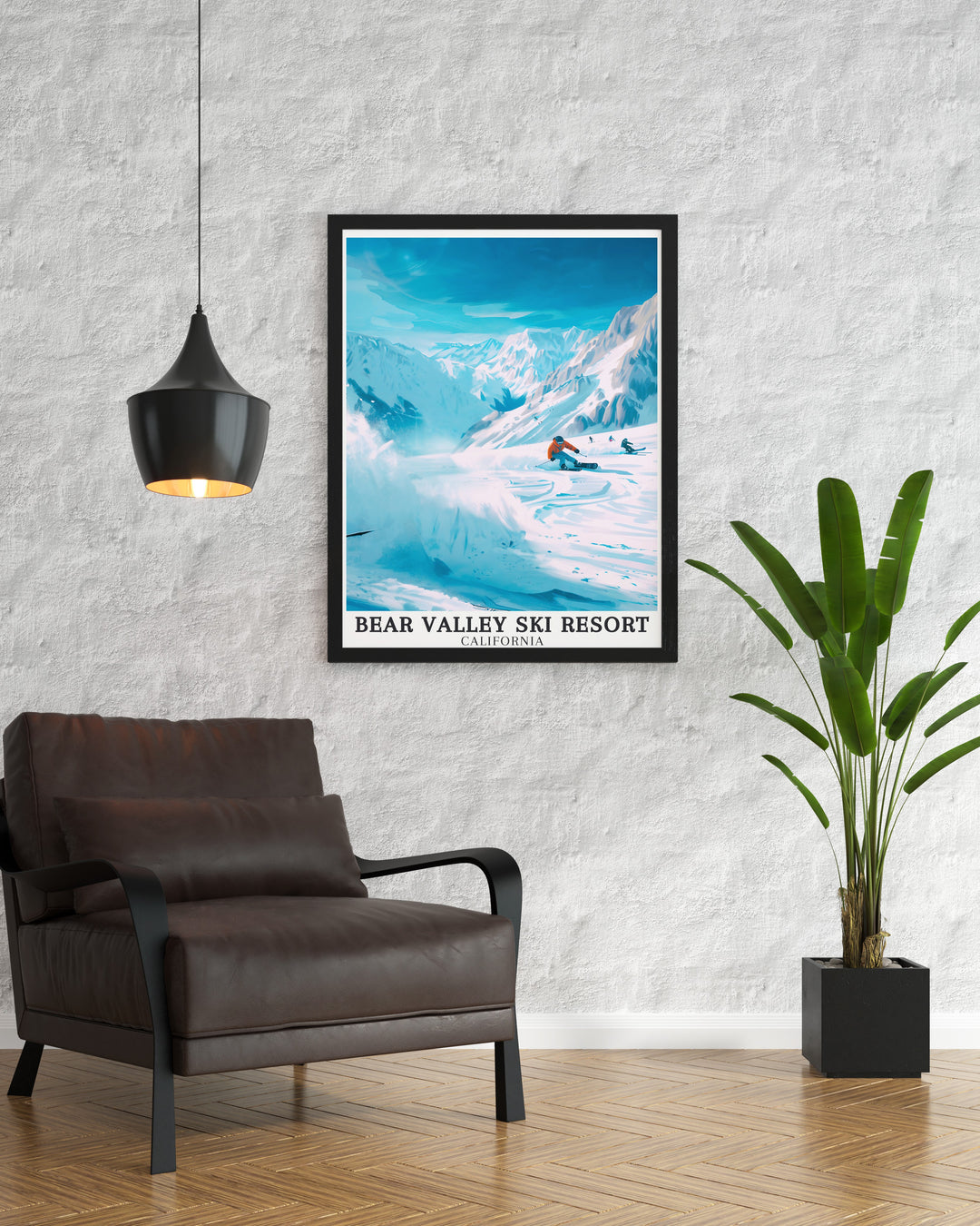 Bear Valley, Sierra Nevada is the focus of this beautiful ski resort poster highlighting the natural beauty of Californias mountain landscapes. Ideal for winter sports lovers this artwork is both inspiring and visually striking for any room.