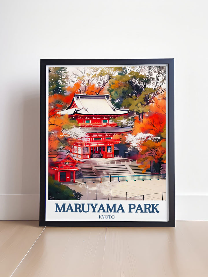 Elegant Japan art print featuring Kyoto Nishiromon gate Maruyama Parks picturesque cherry blossoms ideal for enhancing any living space this travel poster brings a sense of calm and tranquility to your home with its detailed depiction of a Japanese garden