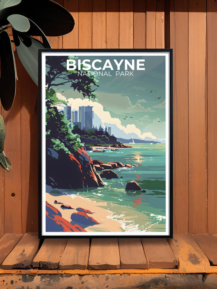 Captivating Biscayne National Park poster featuring the serene Biscayne Bay Trail and vibrant coral reefs, showcasing the parks natural beauty and charm. Perfect for adding a touch of outdoor elegance to your home decor.
