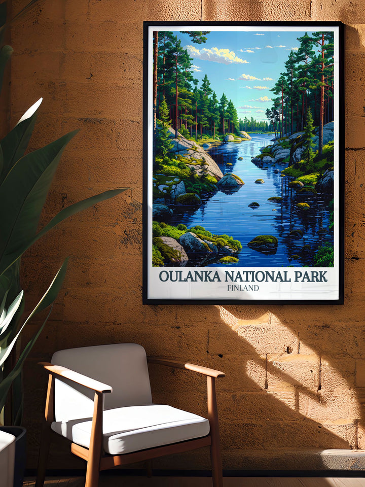 Breathtaking Oulanka river Kiutakongas Rapids national park print. Perfect for adding a touch of natural beauty to your home. This travel poster art is a great gift for those who love Finlands stunning landscapes and hiking trails.