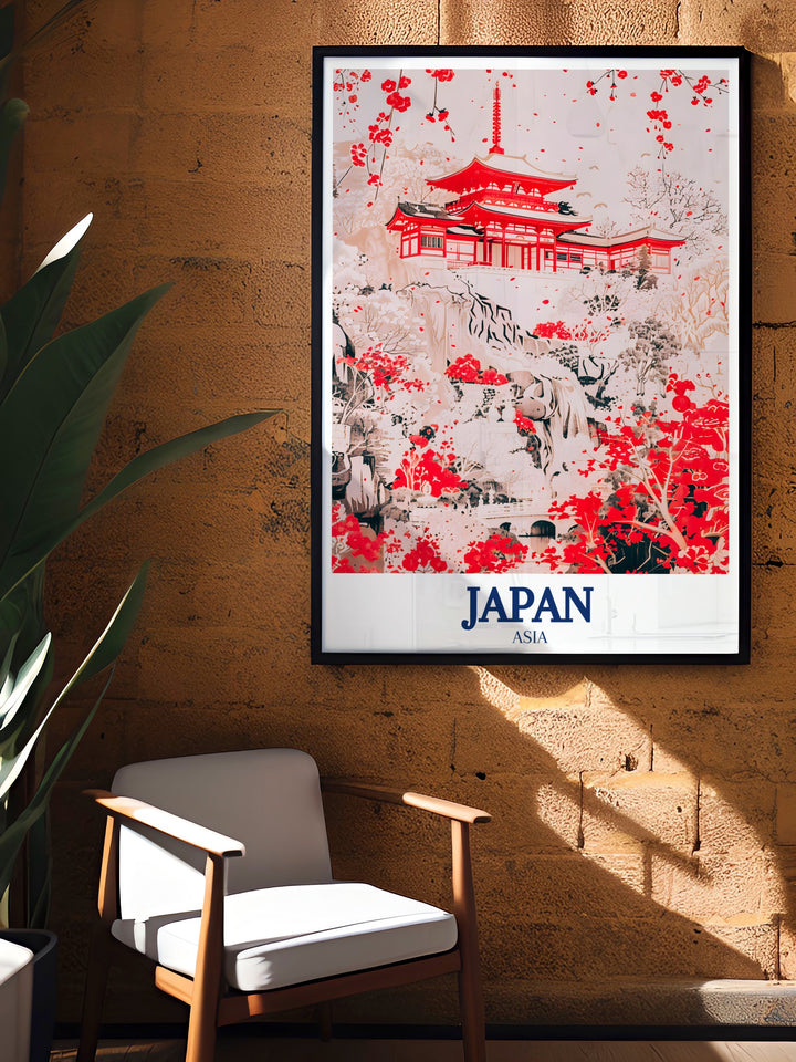 Kiyomizu dera Temple vintage poster highlighting the historic charm of one of Japans most revered landmarks. This travel print offers a glimpse into Kyotos cultural heritage and provides a striking addition to any room with its intricate details.