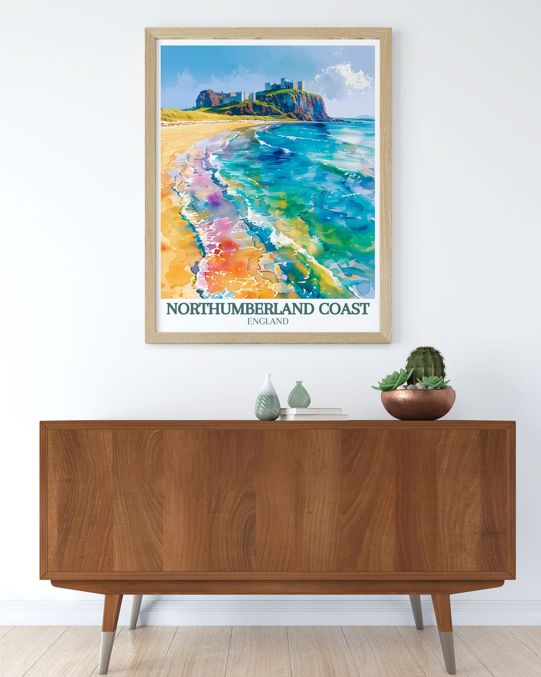 Retro Railway Print depicting Bamburgh Castle and Dunstanburgh Castle capturing the nostalgic essence of Northumberlands past and the picturesque coastal landscapes perfect for vintage art collectors