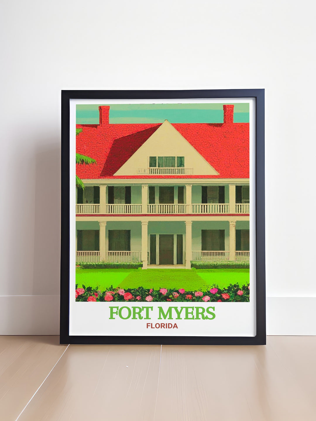 Travel art print of Edison & Ford Winter Estates featuring detailed illustrations of lush gardens and iconic structures. This Florida gem brings the charm of Fort Myers into your home, making it a perfect addition for those who appreciate historical and beautiful artwork.