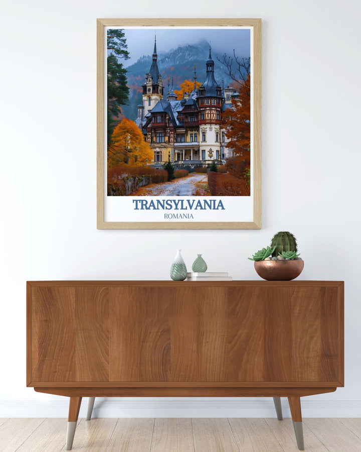 Romania vintage posters inspired by classic travel advertisements, showcasing the majestic imagery of Peleș Castle and capturing the nostalgic essence of a bygone era.
