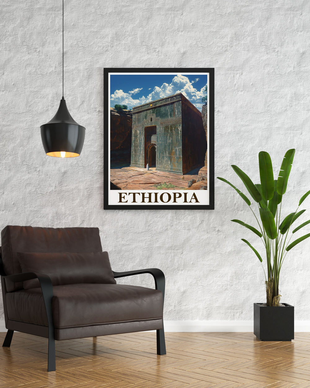 Stunning Ethiopia Wall Art depicting the Lalibela Rock Hewn Churches in vibrant colors and fine lines ideal for enhancing your living room office or bedroom with a piece of Ethiopias rich cultural and spiritual legacy
