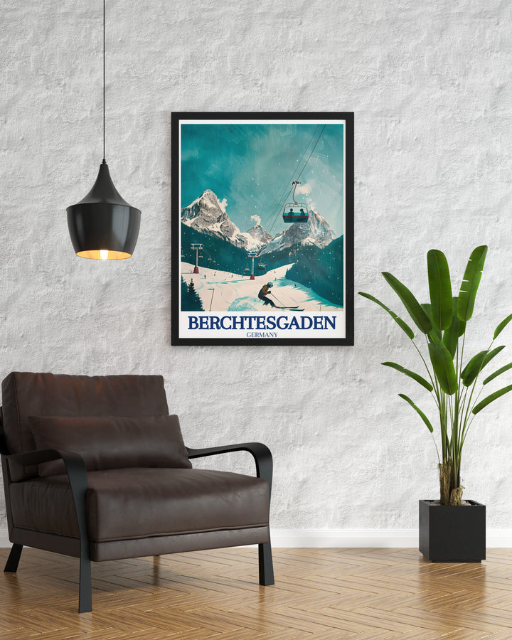 The Berchtesgaden wall print beautifully combines the natural wonder of Königssee and the adventure filled Jennerbahn ski area. This travel poster makes a timeless gift for lovers of Germanys Alps and those who cherish breathtaking landscapes.