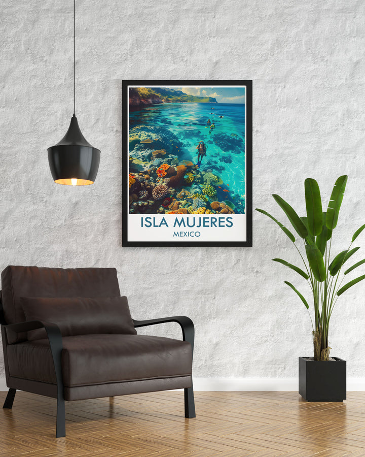 Canvas art depicting the serene landscapes of Isla Mujeres, with its lush palm trees and turquoise waters, bringing a tropical ambiance to any room in your home.