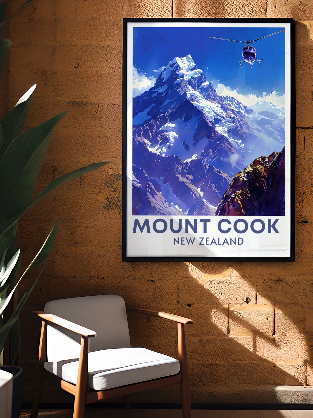 Unique Mt Cook wall art that features the majestic Aoraki Mount Cook perfect for enhancing your home decor with a touch of New Zealands natural beauty and ideal for those who appreciate vintage travel posters and national park artwork