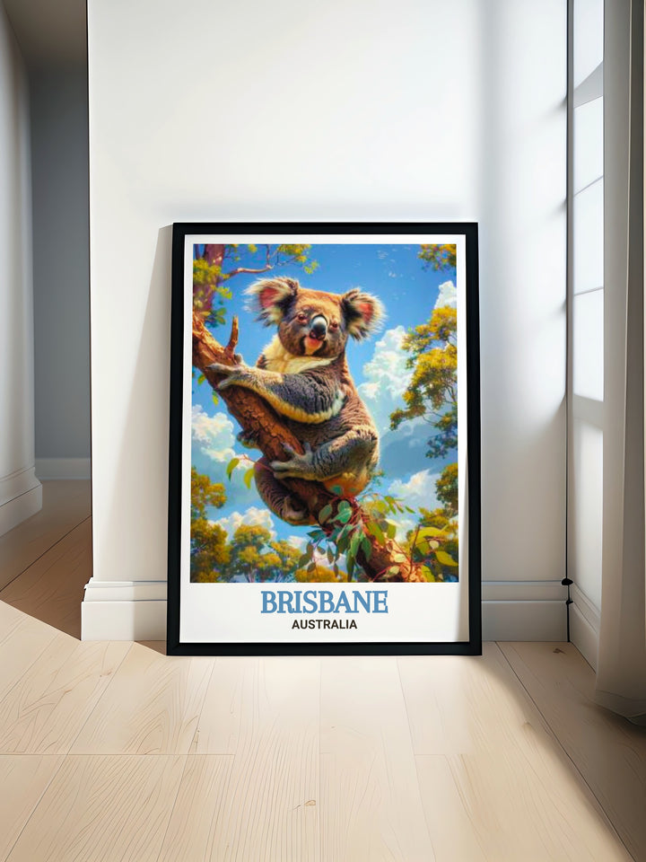 Brisbane Art Print featuring Lone Pine Koala Sanctuary captures the natural beauty and serenity of Brisbane in stunning detail. Perfect for adding a touch of Australian wildlife to your home decor or office space this artwork is available as a digital download or framed print