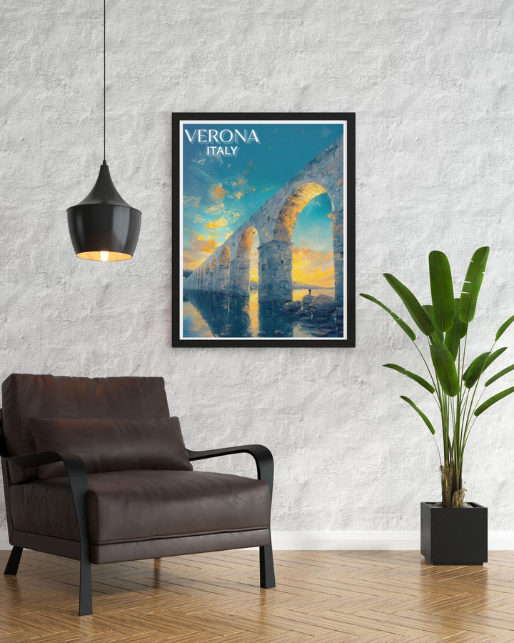Stunning wall art of Veronas Ponte Pietra, featuring the intricate stonework and serene river views, a must have for those who appreciate fine art and travel.