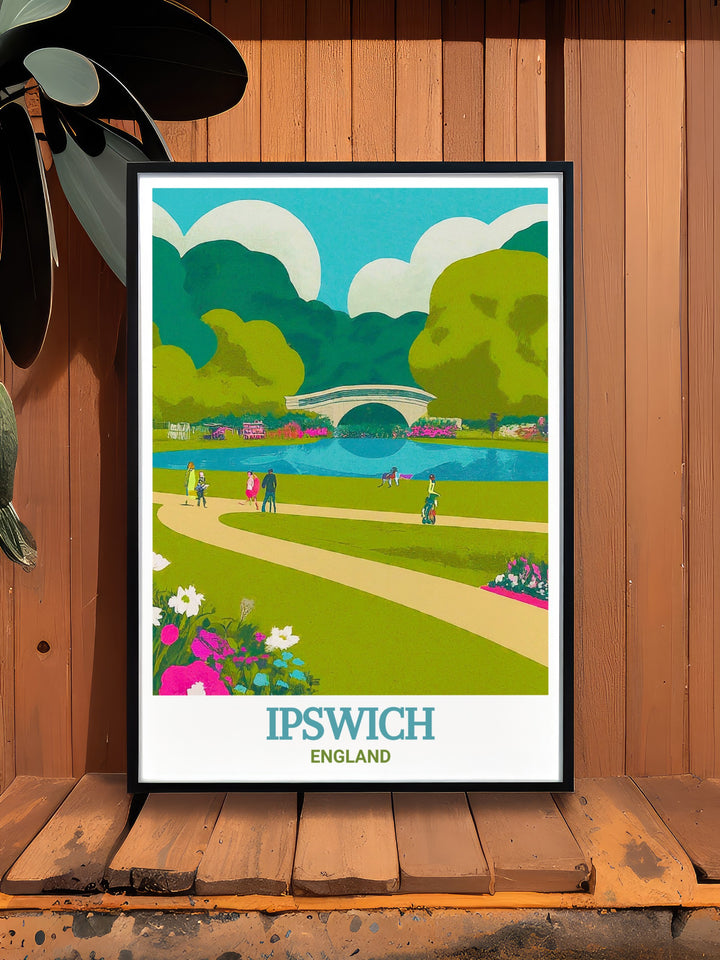 Enhance your home with this Ipswich wall art featuring Holywells Park. A beautiful England travel poster ideal for living room decor this artwork offers stunning prints of the parks landscape making it a perfect gift for travelers and lovers of UK art.