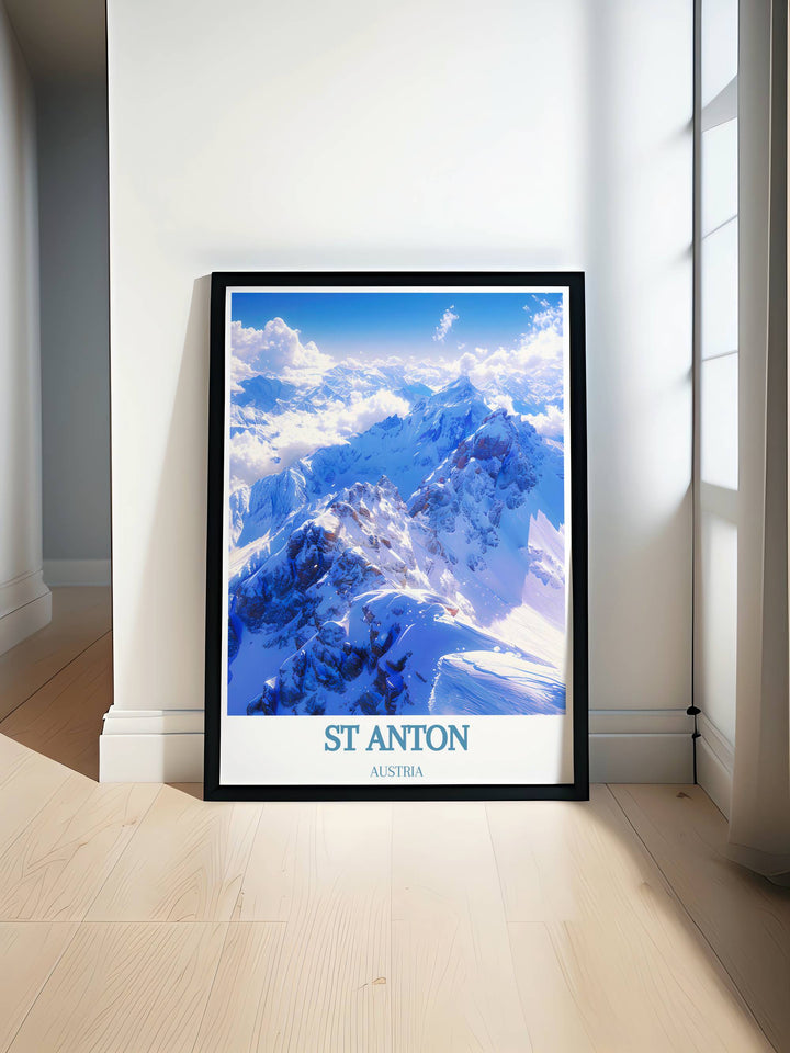 St Anton Poster featuring the majestic Valluga Mountain ideal for ski enthusiasts and those who love skiing wall art this print brings the charm of the Alps into your home with its vintage ski poster style perfect for any living room or office decor