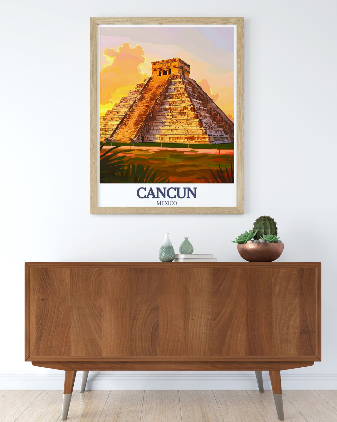 Elegant Cancun poster featuring a detailed city map in black and white perfect for modern home decor and including the majestic Chichen Itza Pyramid of Kukulkan offering a blend of contemporary and historical elements in a fine line print