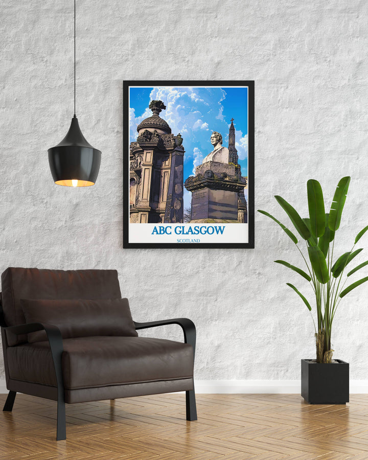 Elegant print of glasgow and necropolis with ABC Glasgow highlighting Glasgows unique architecture and lively music venues ideal for modern decor.