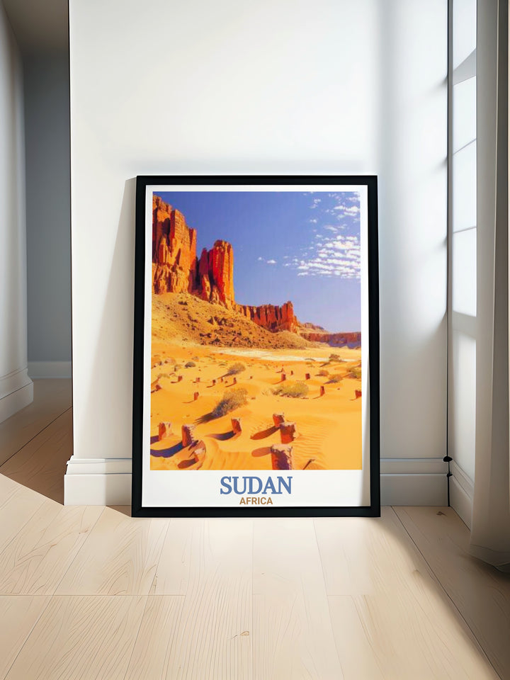 Beautiful Khartoum Poster showcasing the vibrant cityscape of Khartoum alongside the majestic Jebel Barkal. Perfect for travel enthusiasts and art lovers. This digital download is ideal for personalized gifts and adding cultural flair to your home decor.